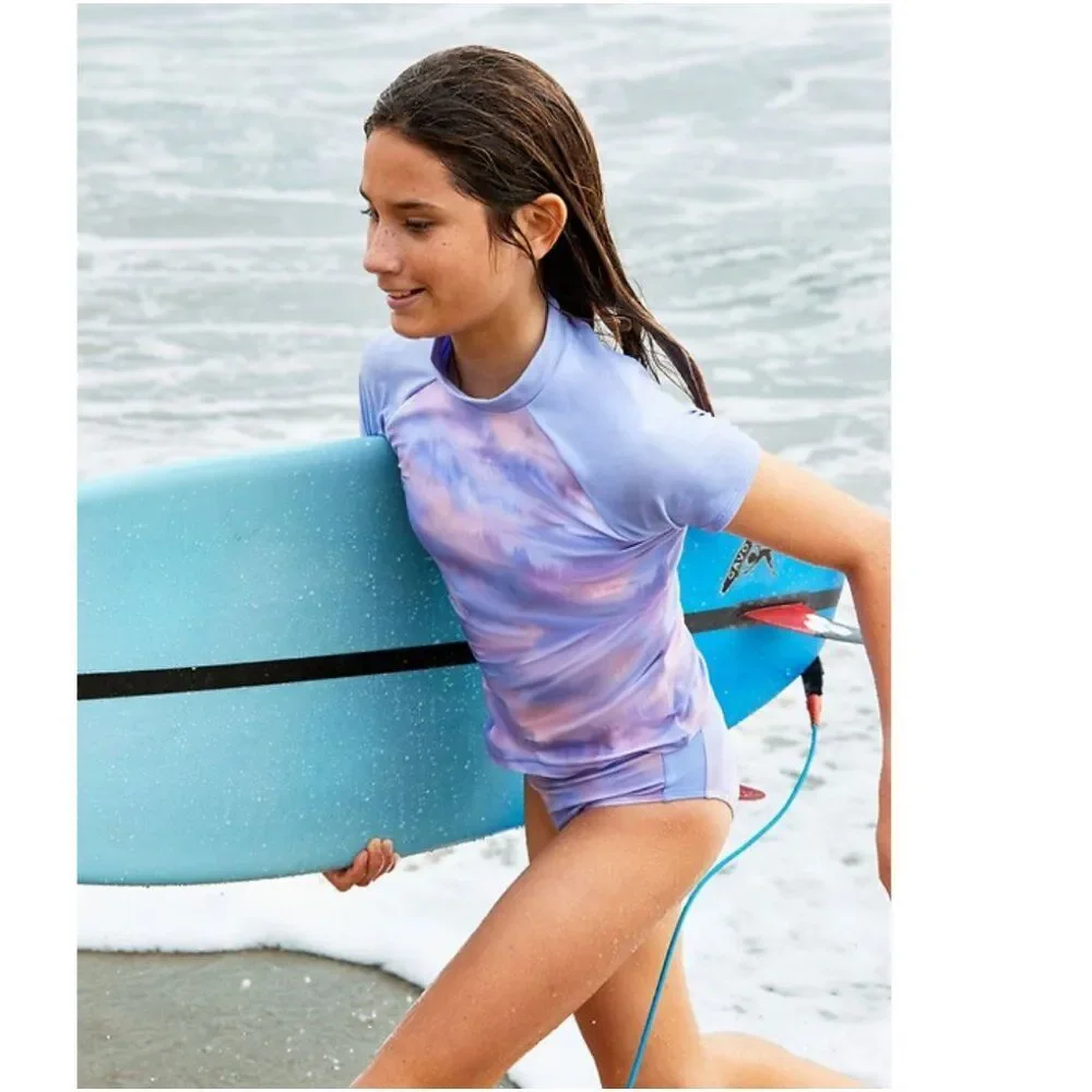 Athleta Girl Mock Neck Rashguard Swim Top Color Sunset Blue and Pink Size XL